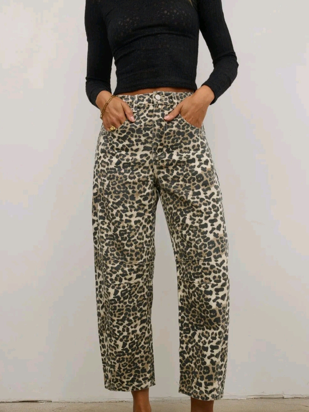 Leopard Print High-Rise Wide Leg Jeans - Cream/Black